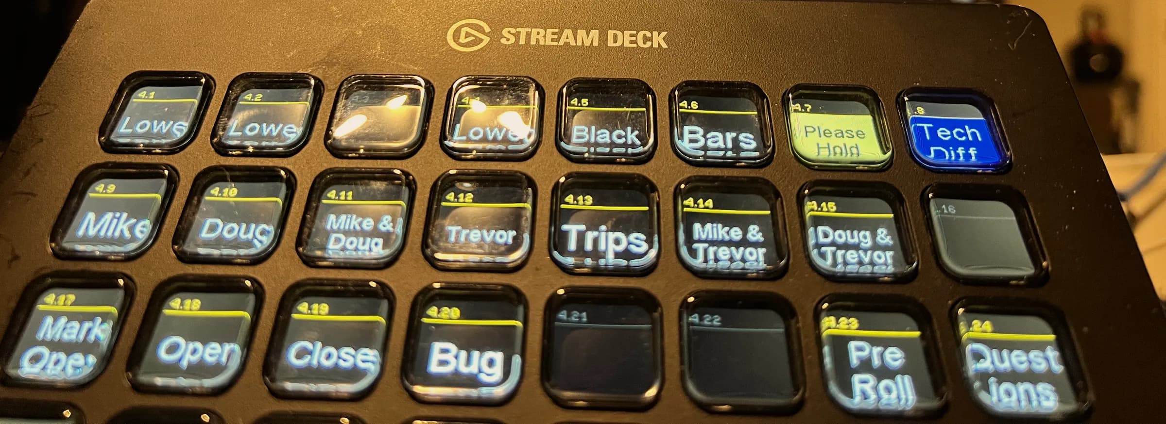 A director's control surface with keys for color bars, please hold, technical difficulties, the hosts and pre-roll