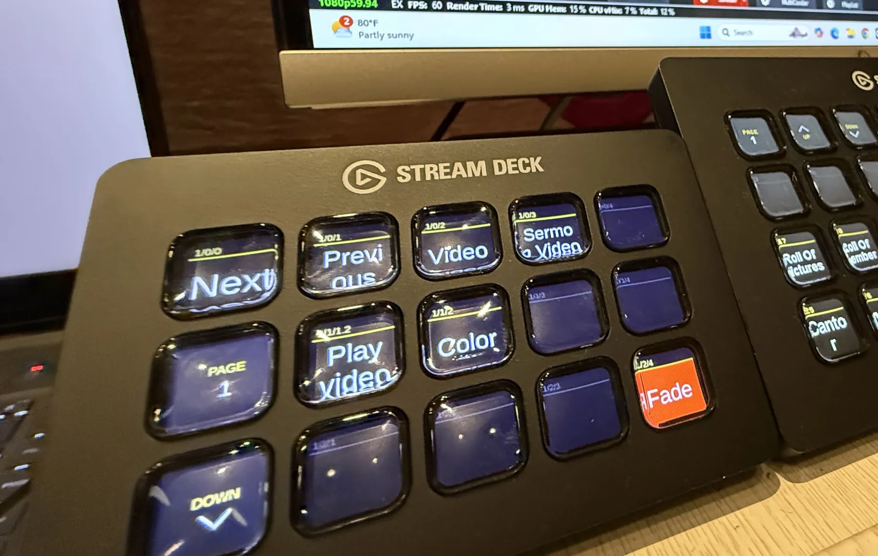 A control surface programmed with the show's cues: next, preview, video, sermon video, color, fade